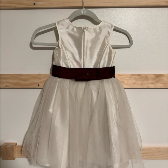 Flower Girl Ivory Kids Dress with Maroon Sash - Picture 2 of 3